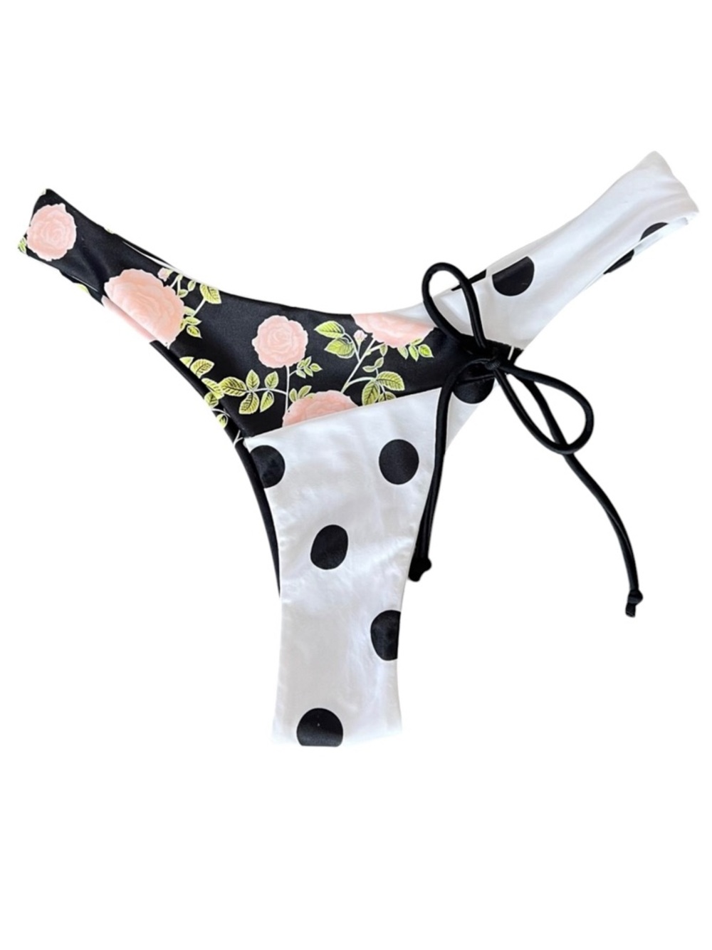NEW SHEIN Black Pink Rose Polka Dot Color Block High Cut Thong Bikini Bottoms S